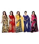 Combo of 5 Poly Georgette Multicolor Printed Women's Saree
