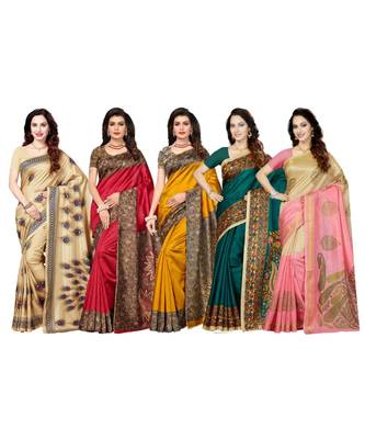 Combo of 5 Poly Silk Multicolor Printed Women's Saree/Sari With Blouse Piece 1