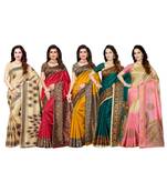 Combo of 5 Poly Silk Multicolor Printed Women's Saree/Sari With Blouse Piece