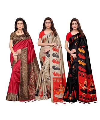 Combo Of 3 Poly Silk Multicolor Printed Women's Saree With Tassels 1