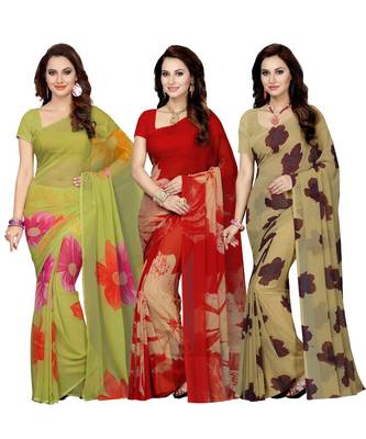 Combo of 3 Multicolor Poly Georgette Printed Women's Saree/Sari 1
