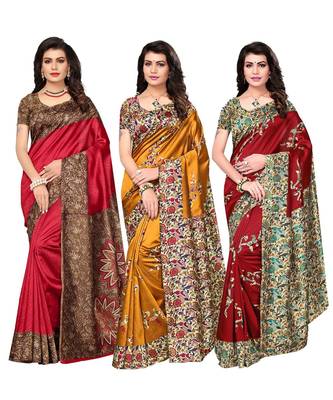 Combo of 3 Poly Silk Multicolor Printed Women's Saree/Sari With Blouse Piece 1
