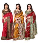 Combo of 3 Poly Silk Multicolor Printed Women's Saree/Sari With Blouse Piece