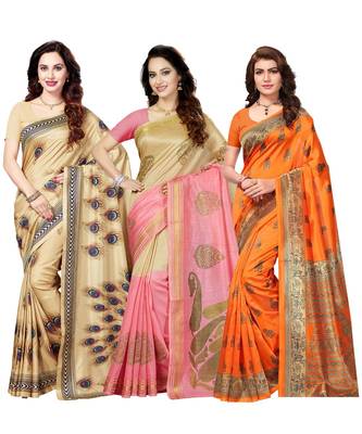 Combo of 3 Poly Silk Multicolor Printed Women's Saree/Sari With Blouse Piece 1