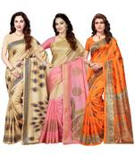 Combo of 3 Poly Silk Multicolor Printed Women's Saree/Sari With Blouse Piece