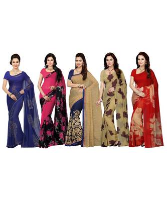 Combo of 5 Poly Georgette Multicolor Printed Women's Saree 1