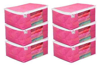 atorakushon Fabric 6 Piece Saree Cover Clothes Storage Bags Garments Wardrobe Organiser (Pink) 1