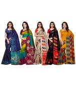 Combo Of 5 Poly Silk Multicolor Printed Women's Saree