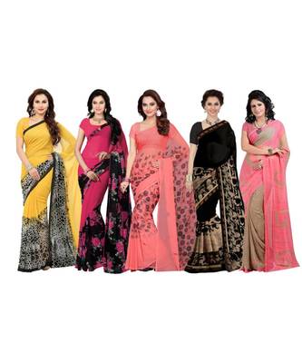 Combo of 5 Faux Georgette Multicolor Printed Women's Saree/Sari 1