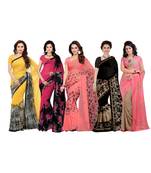 Combo of 5 Faux Georgette Multicolor Printed Women's Saree/Sari