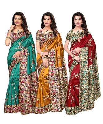 Combo of 3 Poly Silk Multicolor Printed Women's Saree/Sari With Blouse Piece 1