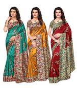Combo of 3 Poly Silk Multicolor Printed Women's Saree/Sari With Blouse Piece