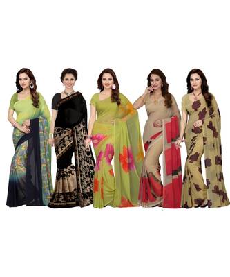 Women's Faux Georgette Printed Mutlicolor Saree/Sari (Combo of 5_ Free Size) 1