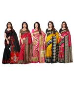 Combo Of 5 Poly Silk Multicolor Printed Women's Saree