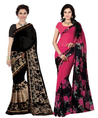 Combo of 2 Black & Pink Poly Georgette Printed Women's Saree/Sari 1