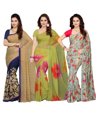 Women's Faux Georgette Printed Mutlicolor Saree/Sari (Combo of 3_ Free Size) 1