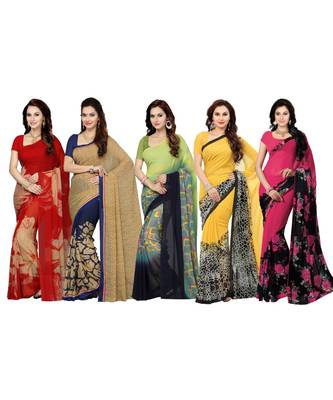 Combo of 5 Poly Georgette Multicolor Printed Women Saree 1
