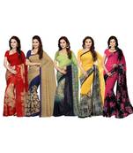 Combo of 5 Poly Georgette Multicolor Printed Women Saree