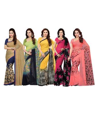 Combo of 5 Poly Georgette Multicolor Printed Women Saree 1