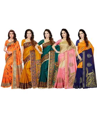 Combo of 5 Poly Silk Multicolor Printed Women's Saree. 1