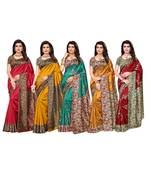 Combo of 5 Poly Silk Multicolor Printed Women's Saree.