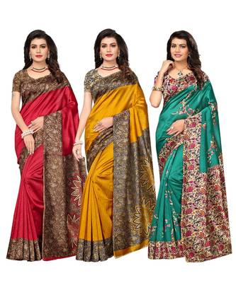 Combo of 3 Poly Silk Multicolor Printed Women's Saree / Sari With Blouse Piece 1