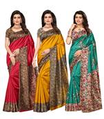 Combo of 3 Poly Silk Multicolor Printed Women's Saree / Sari With Blouse Piece