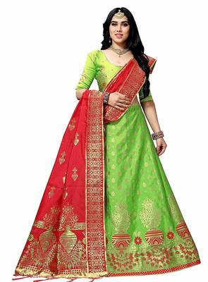 Light-green printed silk semi stitched
 lehenga 1