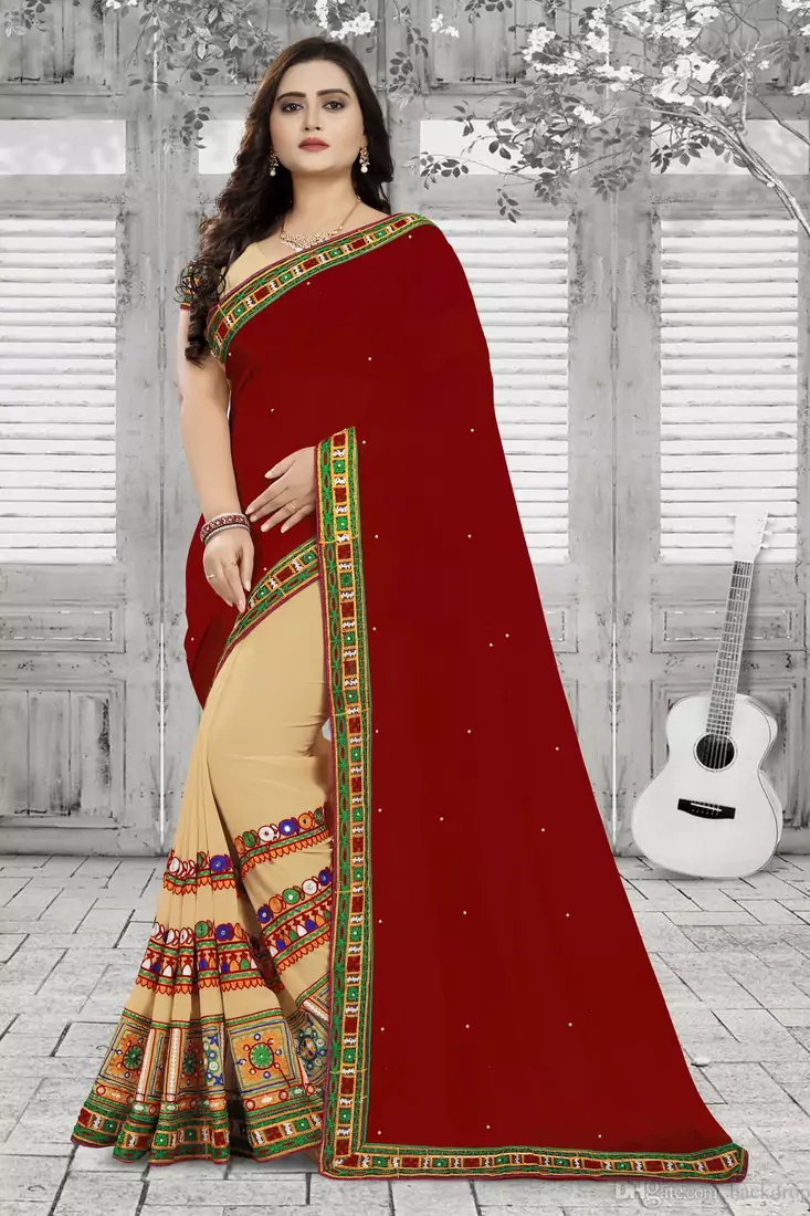 Cream Embroidered Georgette Saree With Blouse