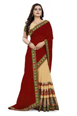 Cream Embroidered Georgette Saree With Blouse 3