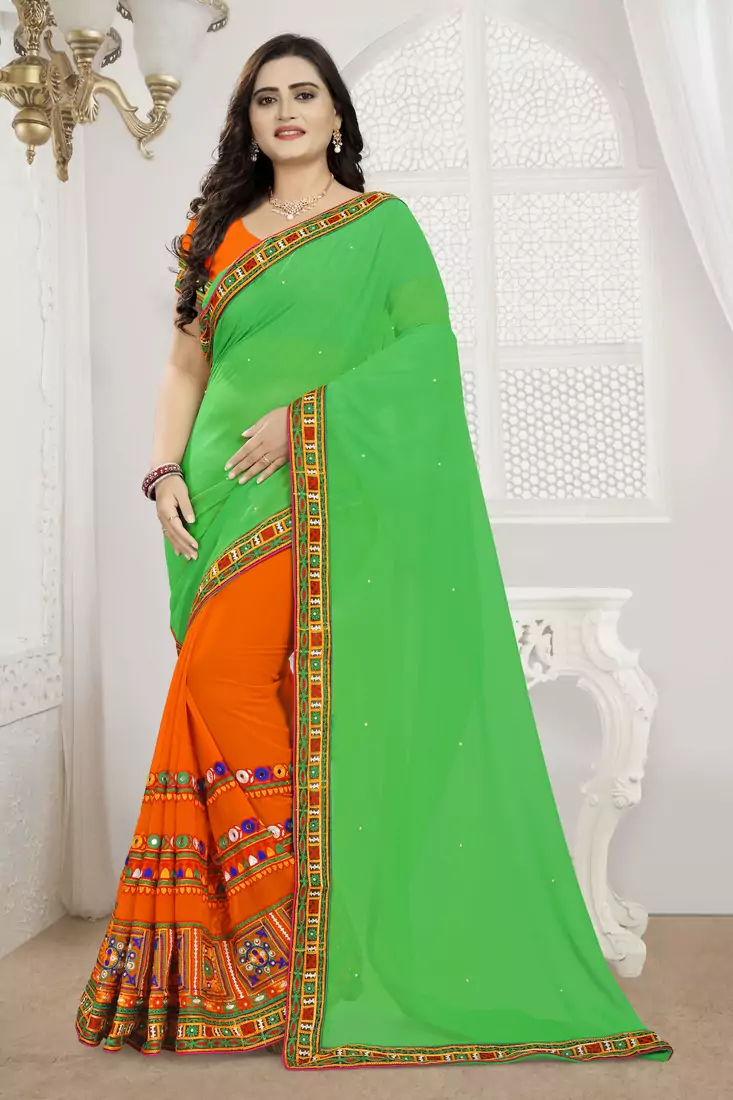 Green Embroidered Georgette Saree With Blouse
