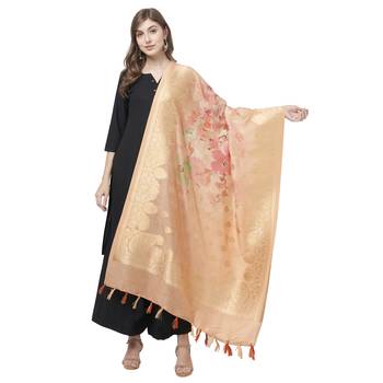 Pastel Peach Floral Print cotton silk Jaquard Dupatta 1