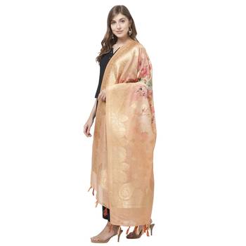 Pastel Peach Floral Print cotton silk Jaquard Dupatta 2