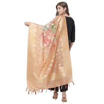 Pastel Peach Floral Print cotton silk Jaquard Dupatta 3