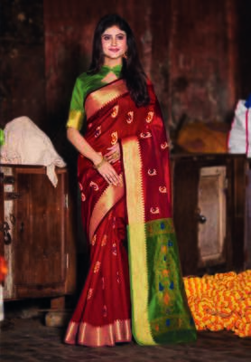 Maroon hand woven bengal handloom saree with blouse 1