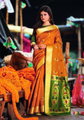 Orange hand woven bengal handloom saree with blouse 1