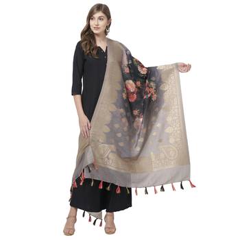 Grey and Black color floral Cotton Silk Jaquard Dupatta 2