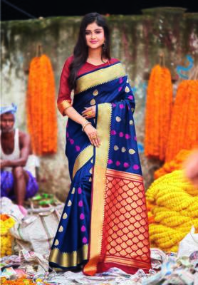 Navy blue hand woven bengal handloom saree with blouse 1