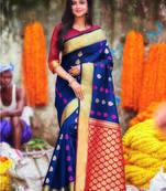Navy blue hand woven bengal handloom saree with blouse