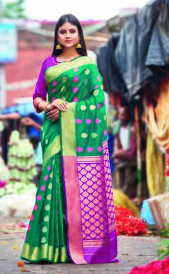 Turquoise hand woven bengal handloom saree with blouse 1