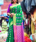 Turquoise hand woven bengal handloom saree with blouse