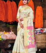 Cream hand woven bengal handloom saree with blouse