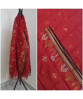 Red kota cotton dupatta with kasuti embroidery 1