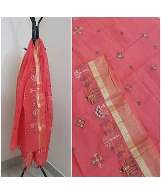 Peach kota cotton dupatta with kasuti embroidery 1