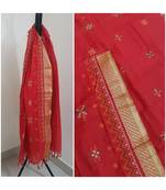 Red kota cotton dupatta with kasuti embroidery