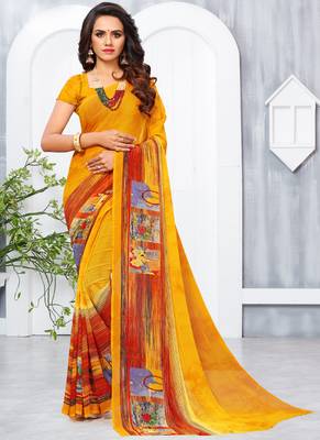 Yellow printed georgette saree with blouse 1