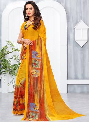Yellow printed georgette saree with blouse 2