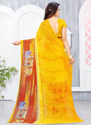 Yellow printed georgette saree with blouse 3