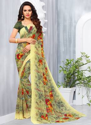 Yellow printed georgette saree with blouse 1