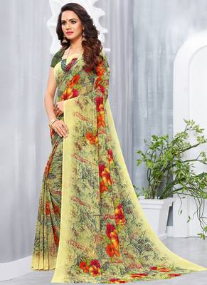 Yellow printed georgette saree with blouse 2